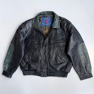 Vintage HM Leather System Colourblock Black and Green Jacket - (L)
